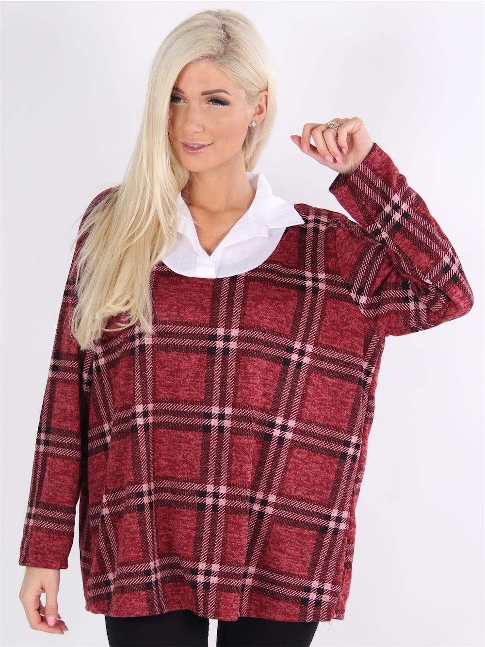 Kinza - Beigefarvet ternet bluse med hvid skjortekrave